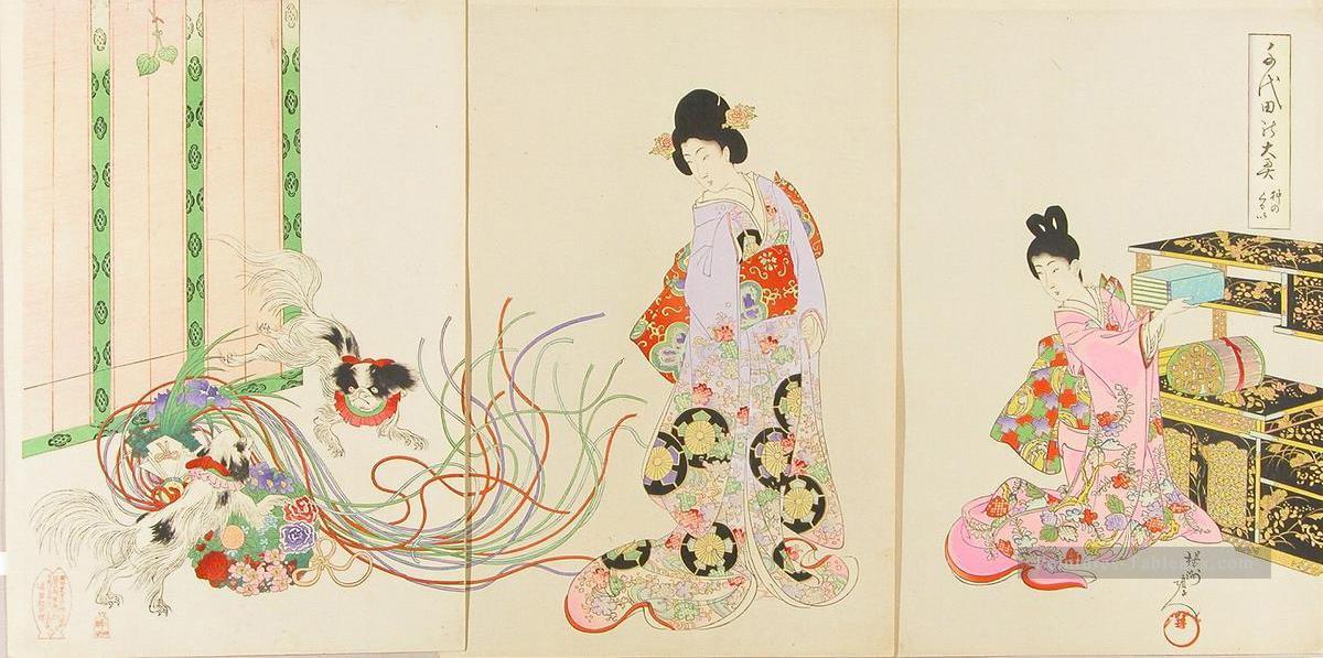 chiens excités inu no kurui 1896 Toyohara Chikanobu Bijin okubi e Peintures à l'huile
